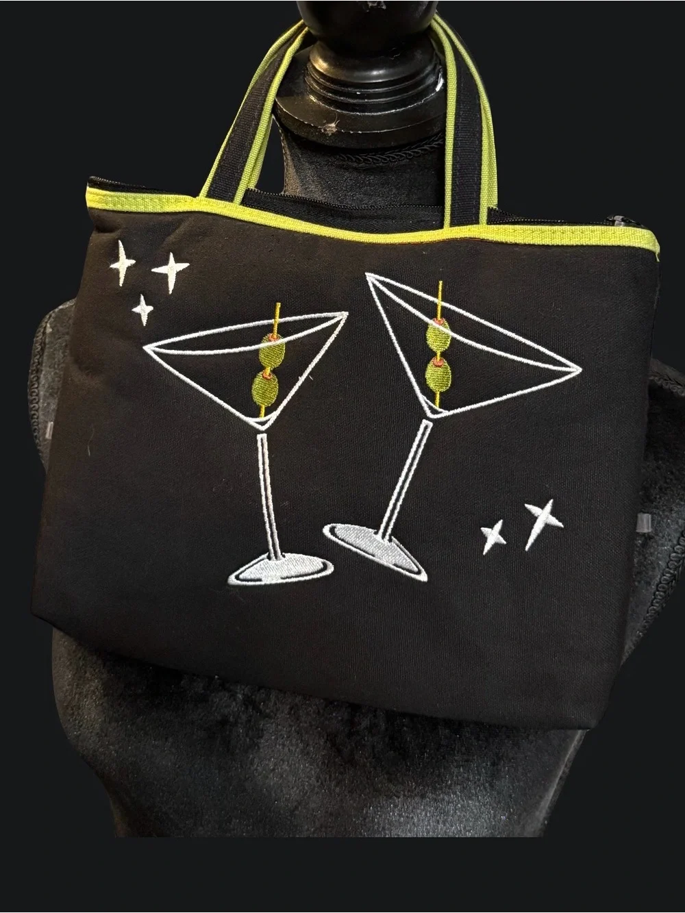 Vintage Black Martini Embroidered Tote Bag - Lime Trim